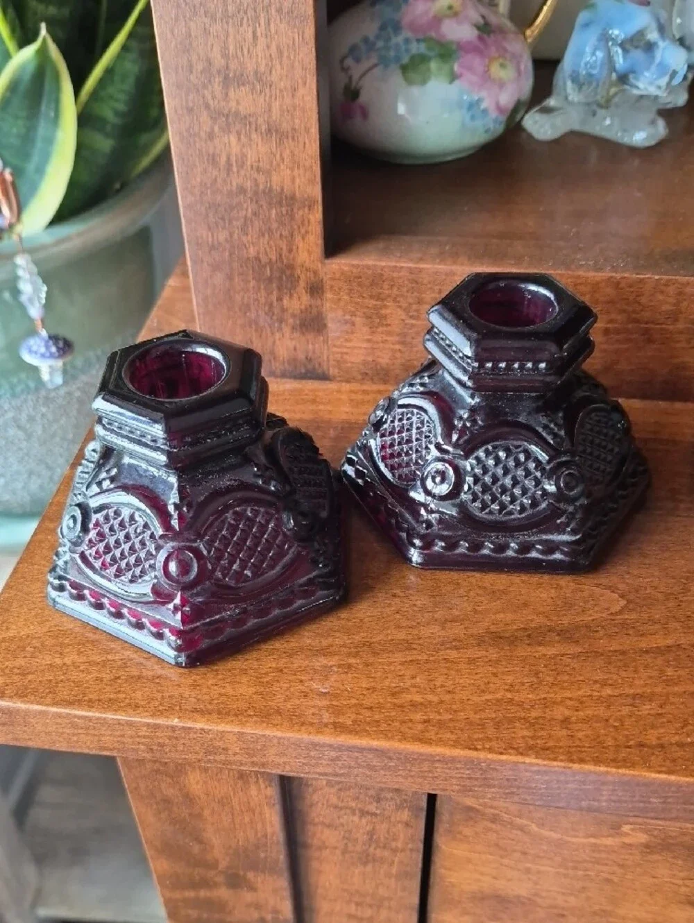 Vintage Avon Ruby Red Glass Candle Holders, Set of 2